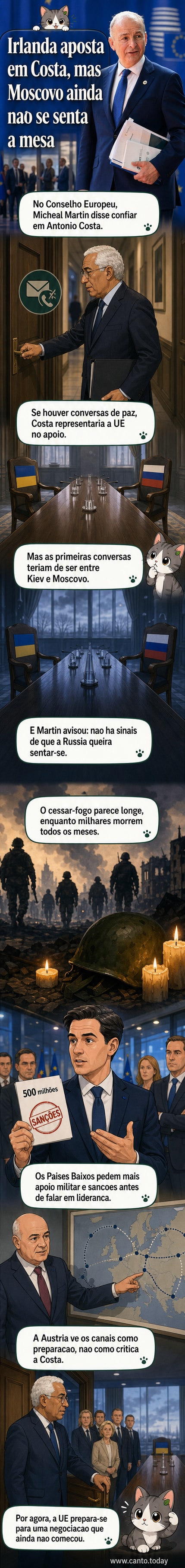 Ilustração de dois líderes europeus conversando com símbolos de paz ao fundo, representando os esforços diplomáticos de António Costa entre Ucrânia e Rússia.
