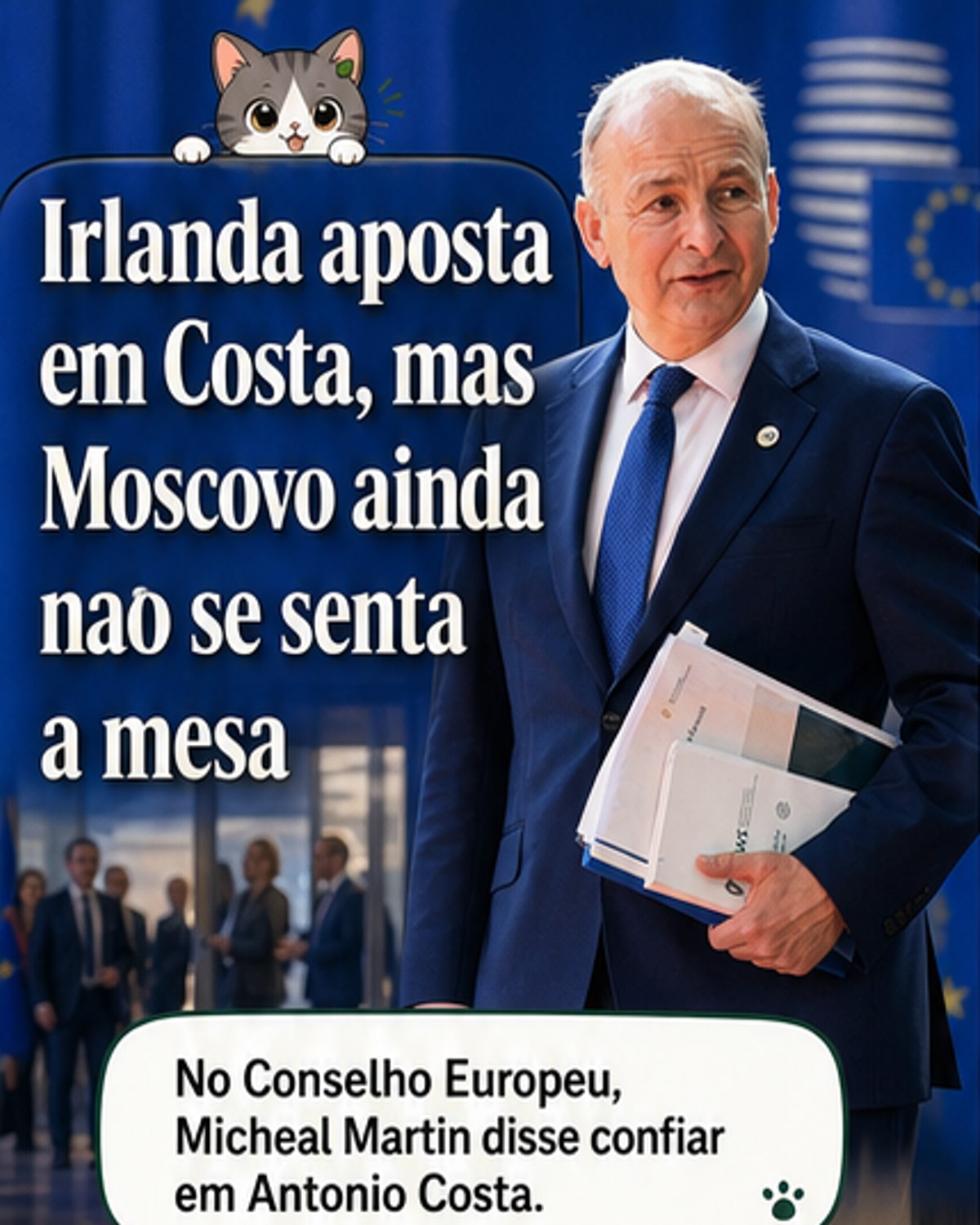 Ilustração de dois líderes europeus conversando com símbolos de paz ao fundo, representando os esforços diplomáticos de António Costa entre Ucrânia e Rússia.