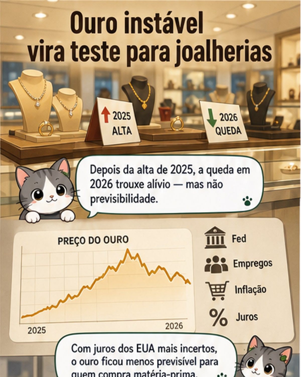 Ilustração de uma joalheria com vitrine exibindo peças de ouro e prata, com gráficos de alta e baixa ao fundo, simbolizando a volatilidade do mercado.