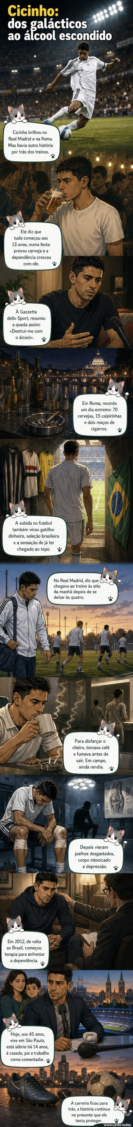 Ilustração de um ex-jogador de futebol sentado em um banco, com uma expressão reflexiva, ao lado de uma garrafa de cerveja e um uniforme de jogo amarrotado, simbolizando a luta entre carreira e dependência.
