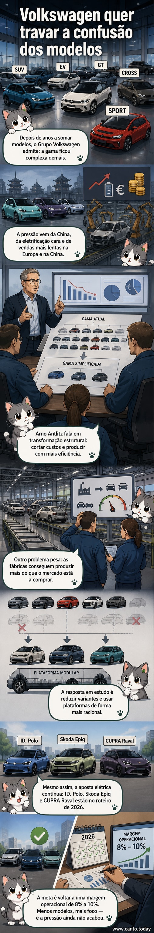 Ilustração de uma linha de montagem vazia com logótipos de marcas do Grupo Volkswagen, como Volkswagen, Audi e Porsche, ao fundo, simbolizando a redução de produção e simplificação da gama.