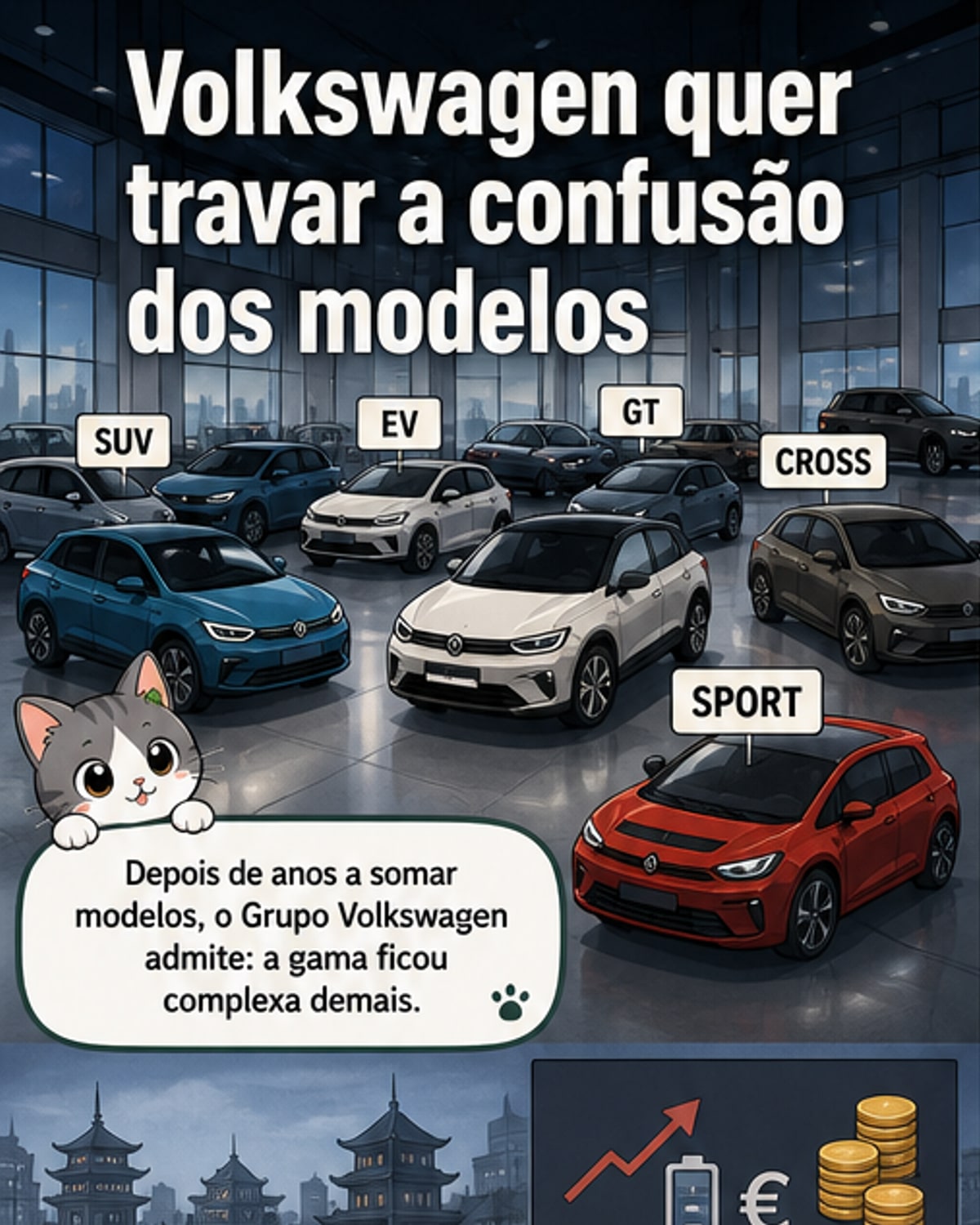 Ilustração de uma linha de montagem vazia com logótipos de marcas do Grupo Volkswagen, como Volkswagen, Audi e Porsche, ao fundo, simbolizando a redução de produção e simplificação da gama.