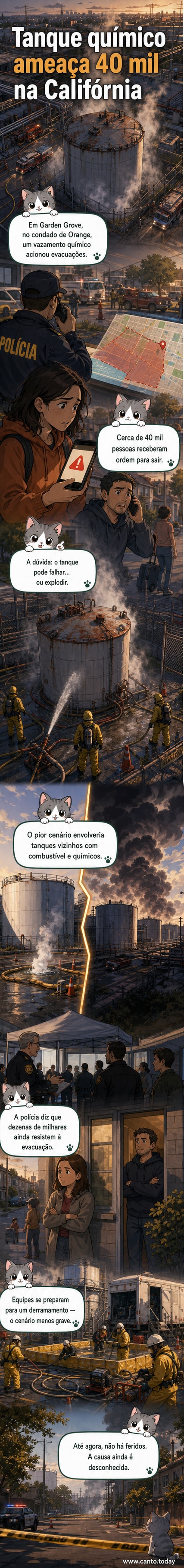 Ilustração de um tanque químico com vazamento em um estacionamento urbano, cercado por equipes de emergência e sinais de evacuação, com moradores ao fundo.