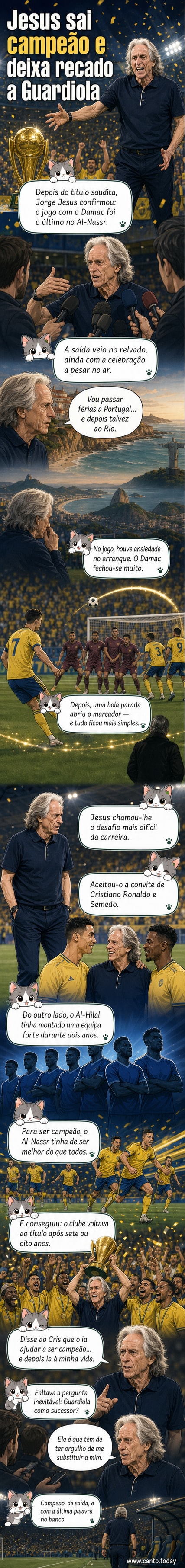 Jorge Jesus de camisa do Al-Nassr, sorrindo após vitória, com troféu ao fundo e frase em destaque: 'Guardiola tem que ter orgulho de me substituir.'