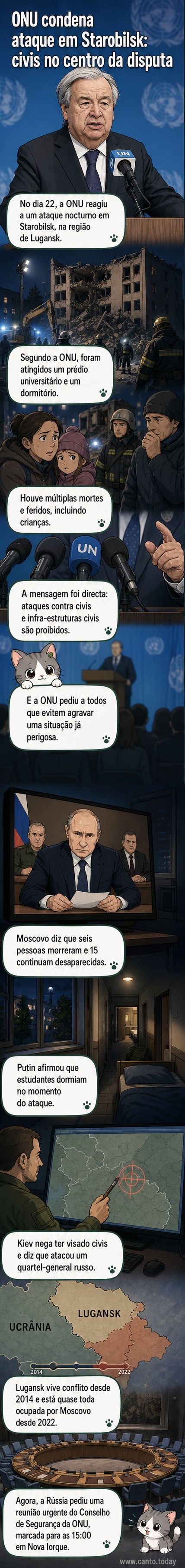 Ilustração de um dormitório danificado com luzes de emergência e silhuetas de resgatistas, ao fundo um céu noturno com traços de fumaça.
