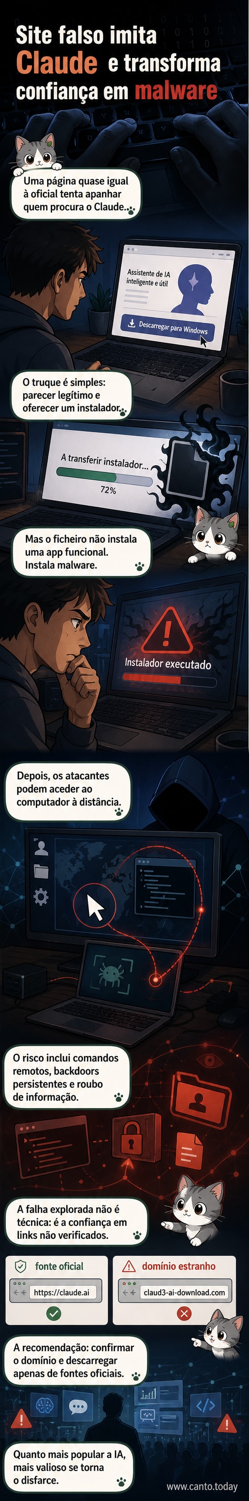Ilustração de um computador com um pop-up de download de IA que esconde um ícone de malware, com fundo de circuitos e alertas vermelhos.