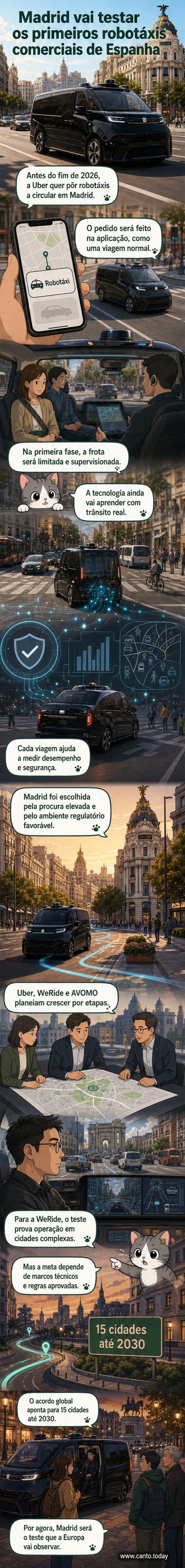 Ilustração de um carro autónomo da Uber a circular por uma avenida movimentada de Madrid, com passageiros a observar o veículo pelo telemóvel.