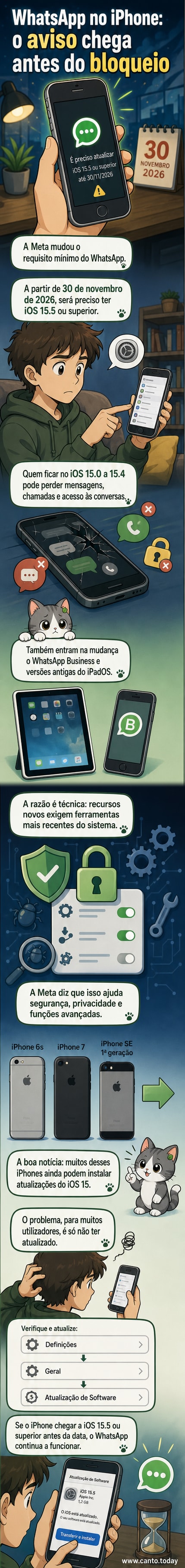 Ilustração de um iPhone antigo com aviso de incompatibilidade com WhatsApp e data de prazo final em novembro de 2026
