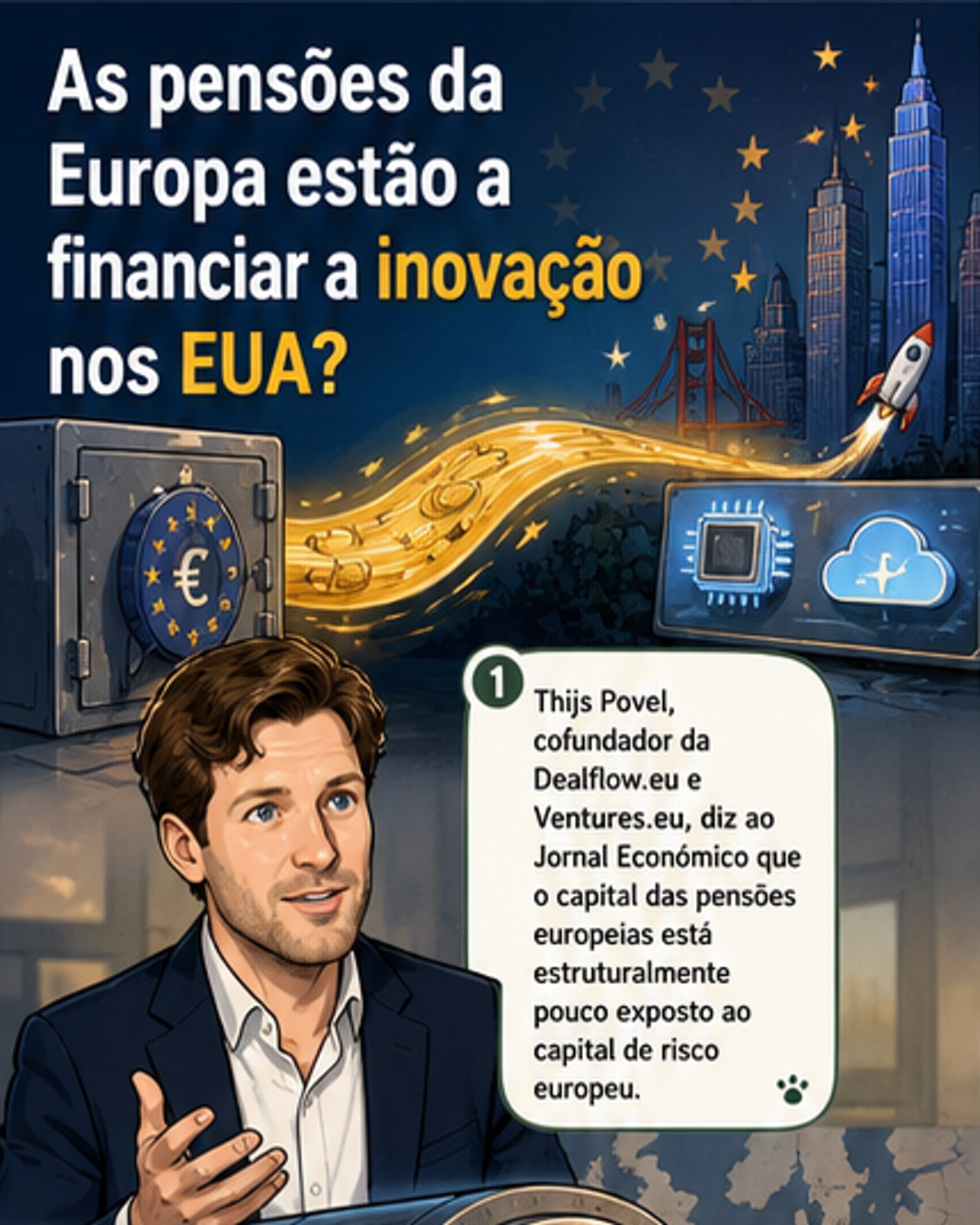 Ilustração de um cofre europeu com setas a direcionar moedas para um centro tecnológico nos EUA, enquanto startups locais observam com preocupação.