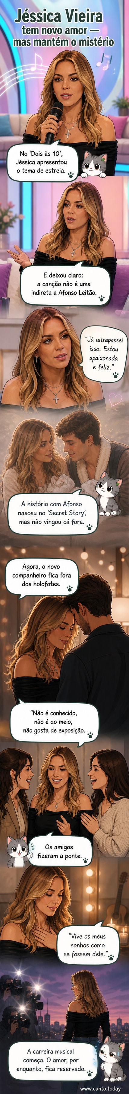 Ilustração de Jéssica Vieira em palco, com um coração estilizado no fundo, simbolizando seu novo amor e carreira musical.