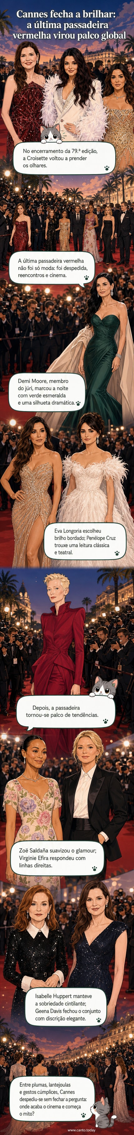 Passadeira vermelha do Festival de Cannes com atrizes como Penélope Cruz, Eva Longoria e Tilda Swinton em looks elegantes e dramáticos sob luzes de flash.