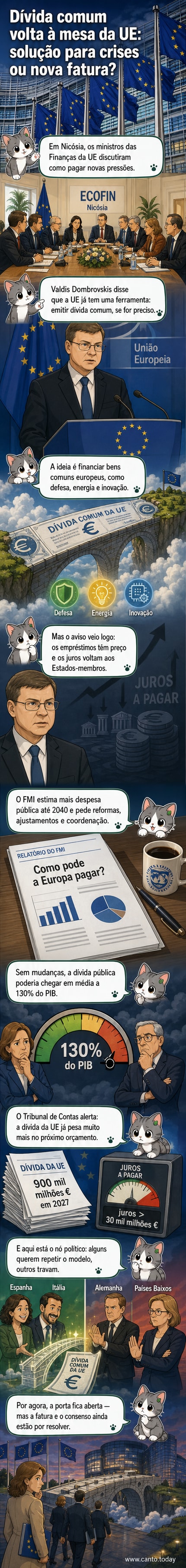 Ilustração de representantes da UE em torno de uma mesa com gráficos de dívida e setas ascendentes, enquanto um documento intitulado 'QFP 2028-2034' é discutido.