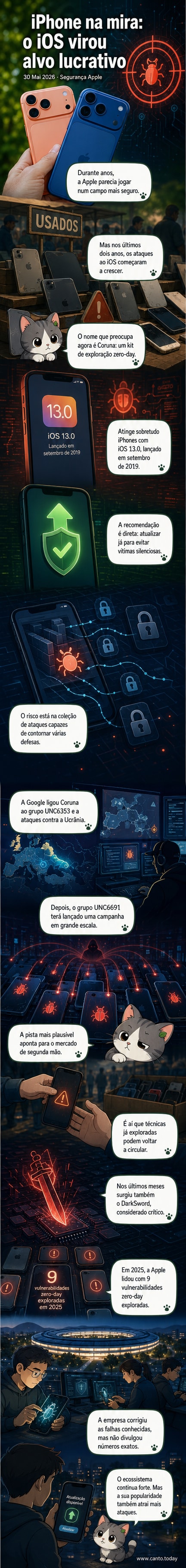 Ilustração de um iPhone com escudo rachado, simbolizando vulnerabilidades de segurança crescentes no iOS