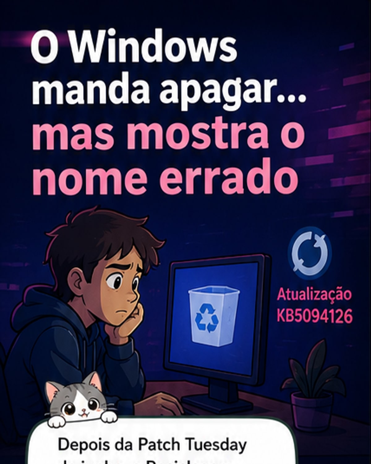 Ilustração de uma caixa de diálogo do Windows mostrando '$Rxxxxx.png' com a pergunta 'Tem certeza de que deseja excluir permanentemente?' enquanto o nome real do arquivo é 'abc.png'.