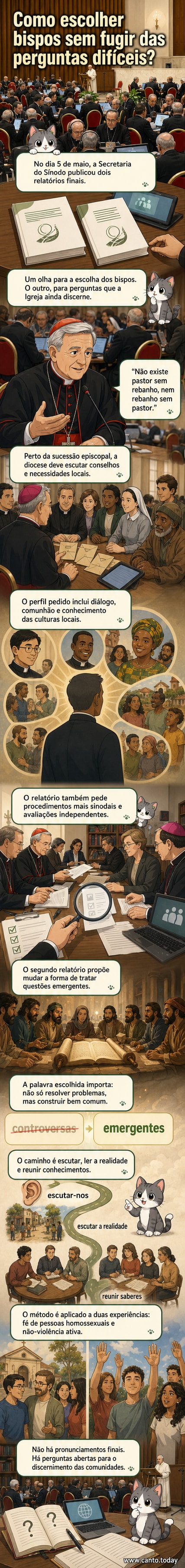 Ilustração de um grupo diverso em círculo, discutindo com serenidade, simbolizando o processo sinodal da Igreja Católica sobre escolha de bispos e temas éticos emergentes.