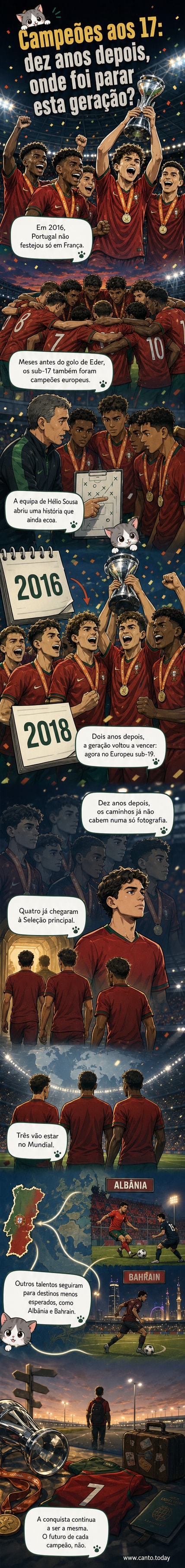 Ilustração de um campo de futebol com jogadores da seleção sub-17 de Portugal em 2016, alguns com camisolas de clubes atuais em destinos variados como Albânia, Bahrein e seleção principal.