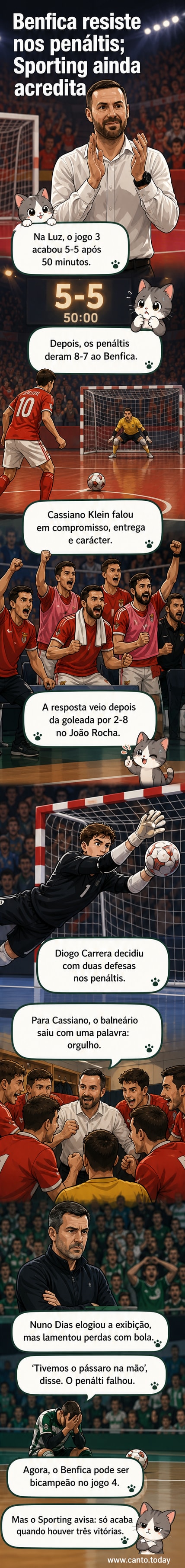 Dois treinadores emocionados no centro do pavilhão após um jogo de final de hóquei em patins, com jogadores do Benfica a celebrar ao fundo.