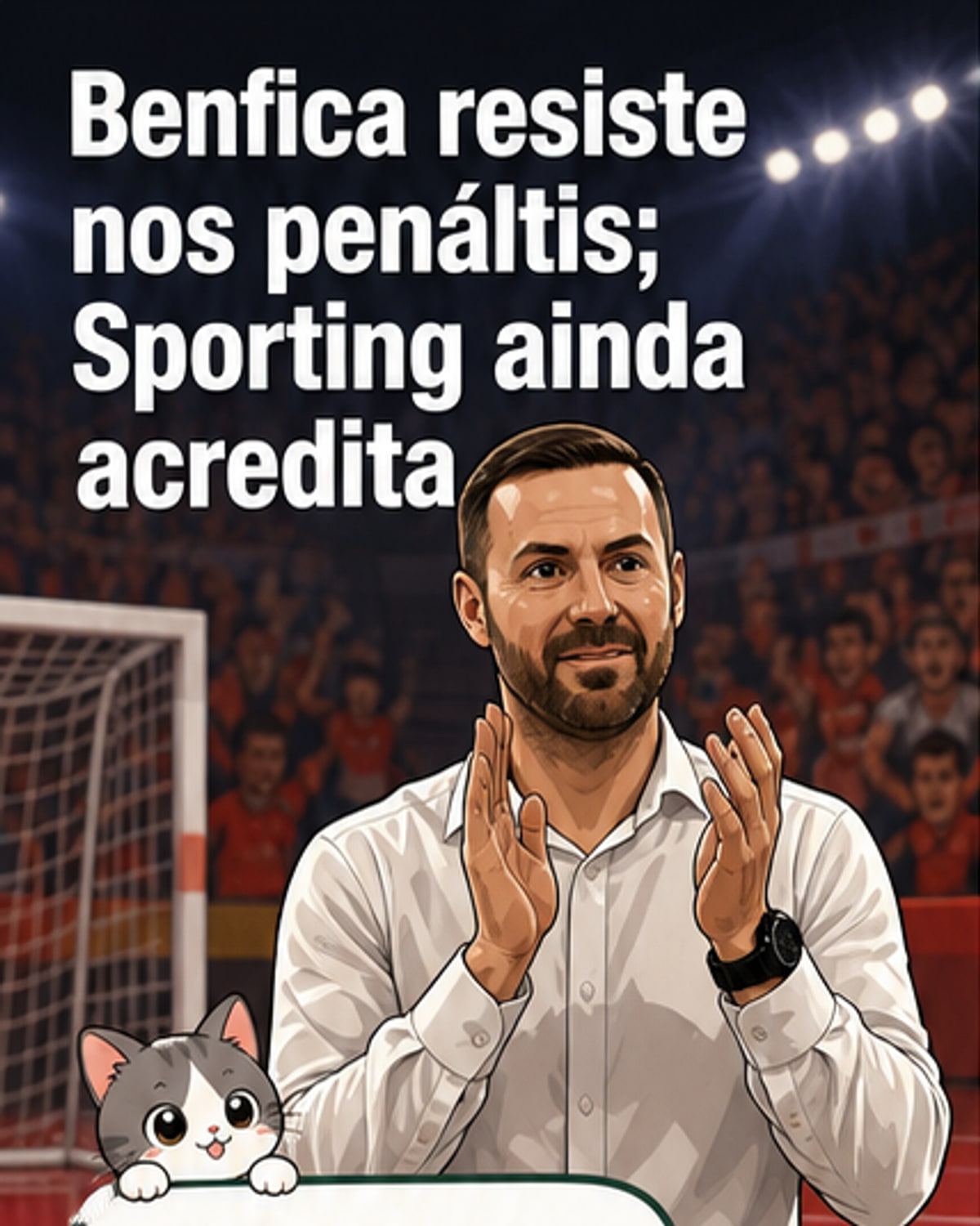 Dois treinadores emocionados no centro do pavilhão após um jogo de final de hóquei em patins, com jogadores do Benfica a celebrar ao fundo.