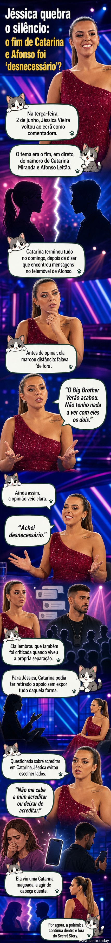 Jéssica Vieira em estúdio, falando com expressão séria durante o 'Diário do Secret Story', enquanto imagens de Catarina Miranda e Afonso Leitão aparecem ao fundo.