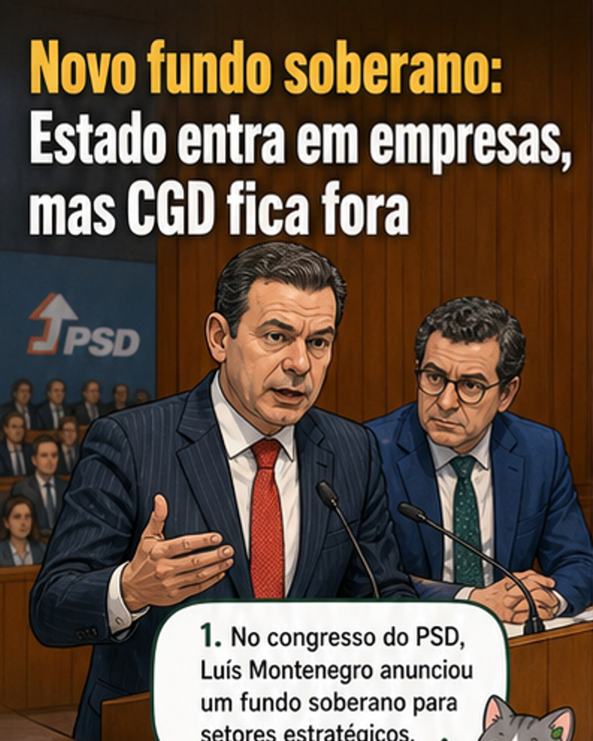 Ilustração de um cofre estatal com símbolos de empresas estratégicas como energia, aviação e comunicações, enquanto CGD e TAP permanecem separadas.