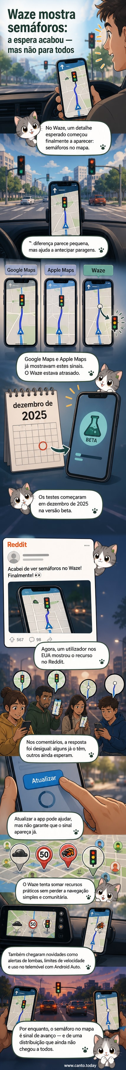 Ilustração de um smartphone com o app Waze aberto, mostrando um mapa com um semáforo destacado em um cruzamento movimentado.