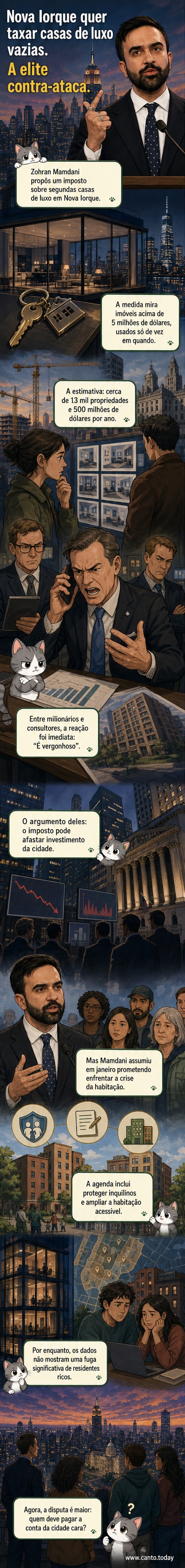 Ilustração de um arranha-céu em Nova Iorque com apartamentos vazios iluminados, simbolizando imóveis de luxo pouco utilizados e o debate sobre um novo imposto.