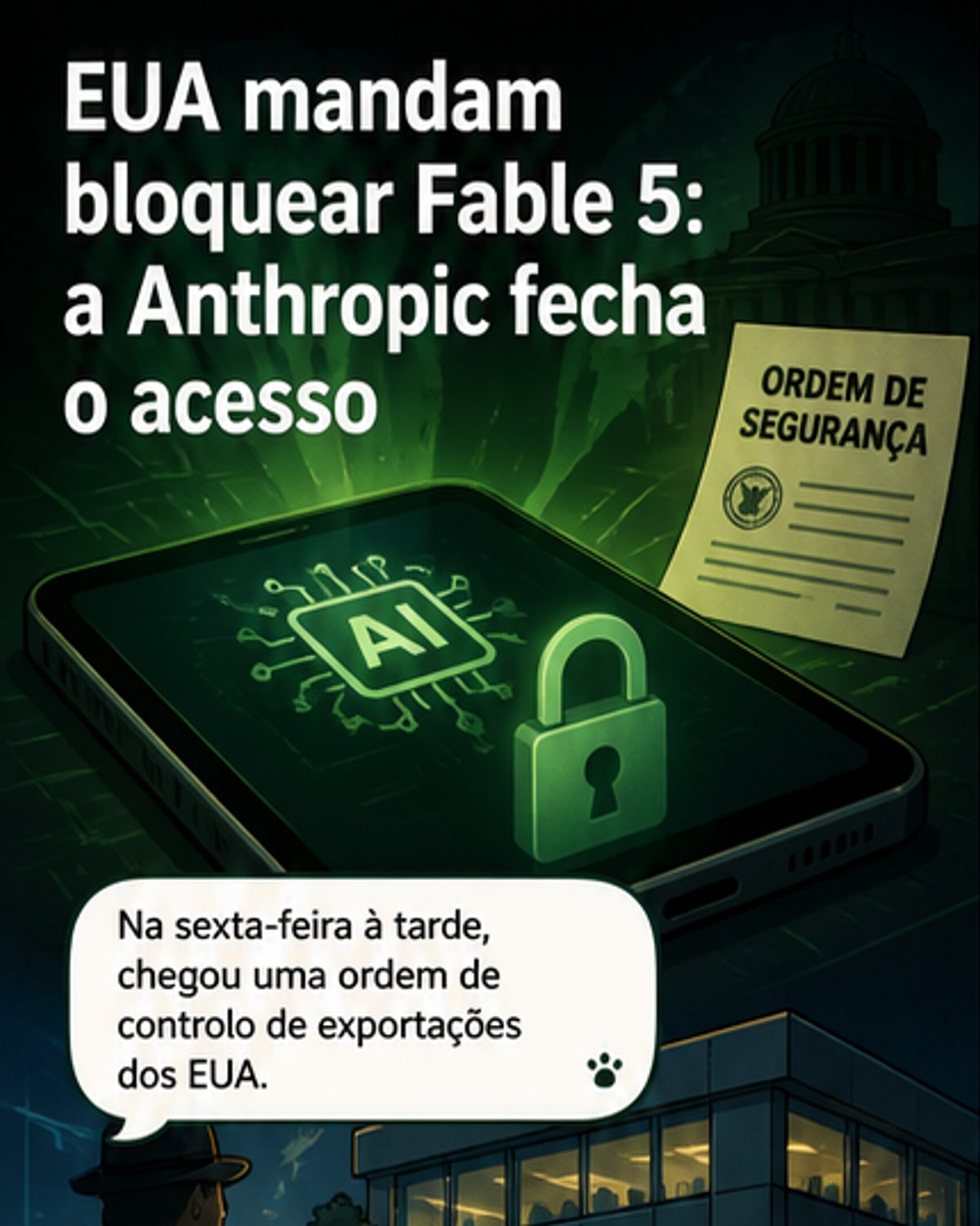 Ilustração de um chip de IA sendo bloqueado por um cadeado com a bandeira dos EUA, simbolizando restrições de acesso por segurança nacional.