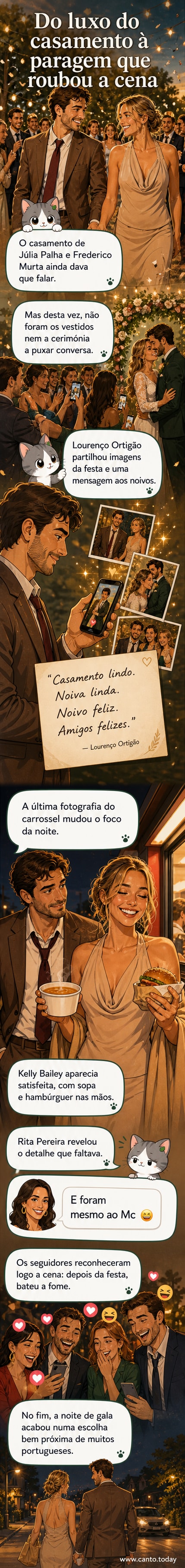 Kelly Bailey segurando um hambúrguer e uma sopa, sorrindo, após o casamento de Júlia Palha.
