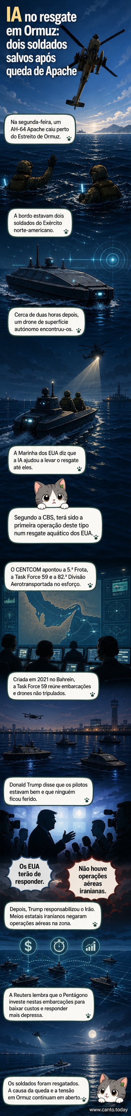 Um drone marítimo autónomo com IA resgata dois soldados no Estreito de Ormuz após a queda de um helicóptero militar, com o horizonte ao fundo e luzes de alerta ativas.