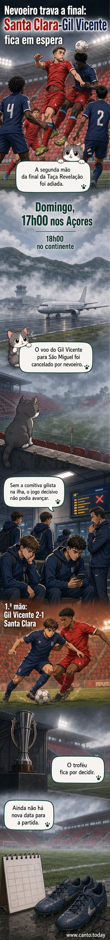 Estádio vazio em São Miguel, com nevoeiro ao fundo, enquanto um avião não consegue aterrar na ilha
