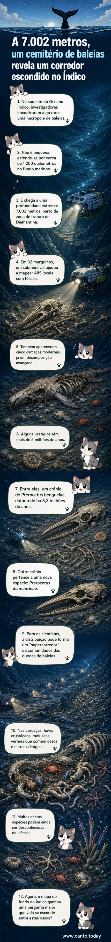 Ilustração submarina mostrando esqueletos de baleias no fundo do Oceano Índico, cercados por organismos marinhos, com relevo profundo e escuridão ao redor.