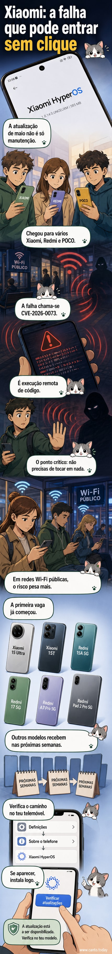 Ilustração de um smartphone com alerta de atualização de segurança, mostrando um escudo quebrado sendo consertado por uma atualização, com logotipos de Xiaomi, Redmi e POCO ao fundo.