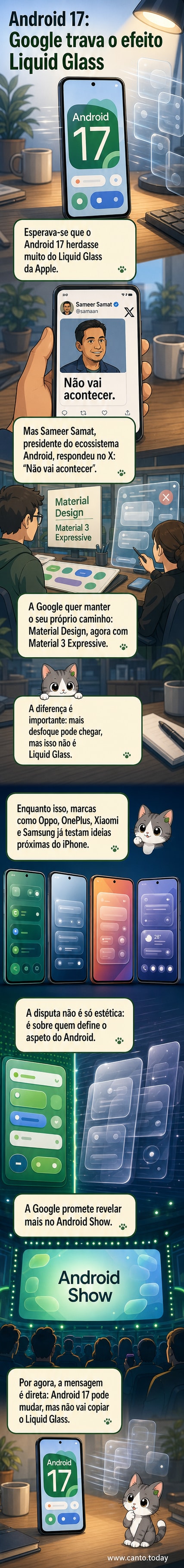 Ilustração de um smartphone Android com interface limpa e colorida, contrastando com um iPhone com efeito de vidro translúcido, simbolizando a decisão da Google de não adotar o Liquid Glass.