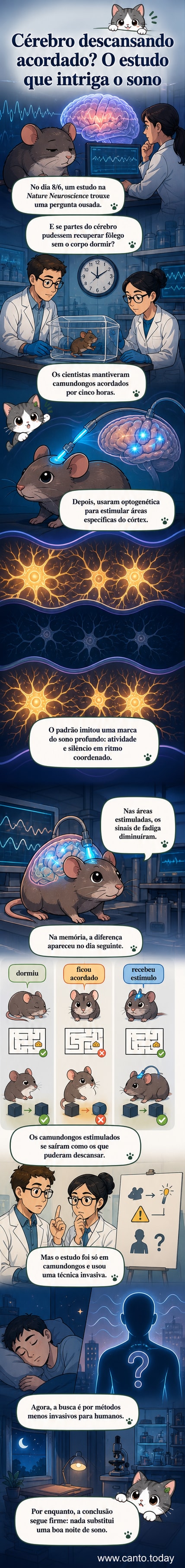 Ilustração de um cérebro com áreas ativadas em azul, representando recuperação neural sem sono, ao lado de um camundongo em laboratório.