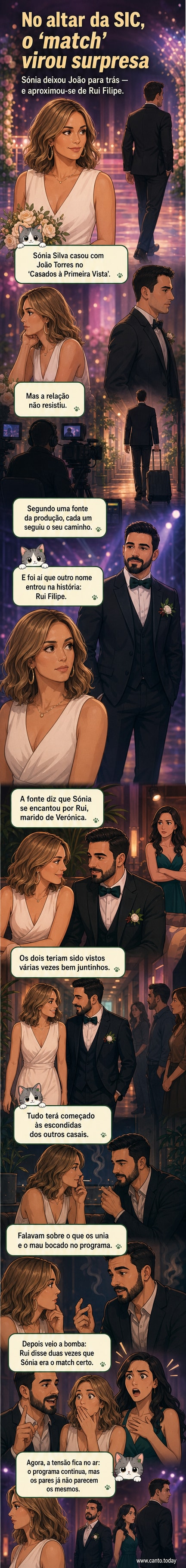 Ilustração de dois participantes de um reality show, Sónia e Rui, em conversa íntima durante as gravações, enquanto outros casais estão ao fundo.