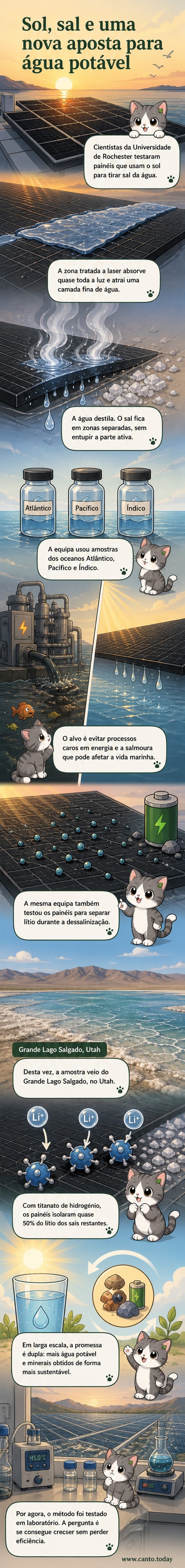 Ilustração de painéis solares flutuantes em água do mar, com raios de sol sendo absorvidos e água potável sendo coletada, enquanto sais e lítio são separados em áreas distintas do painel