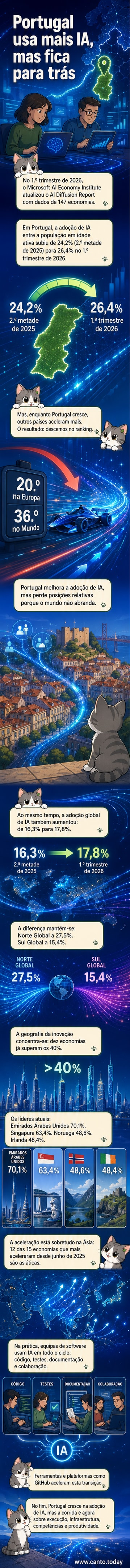 Ilustração de um cérebro digital sobre um mapa de Portugal, com gráficos de crescimento ao fundo e setas apontando para baixo em rankings globais.