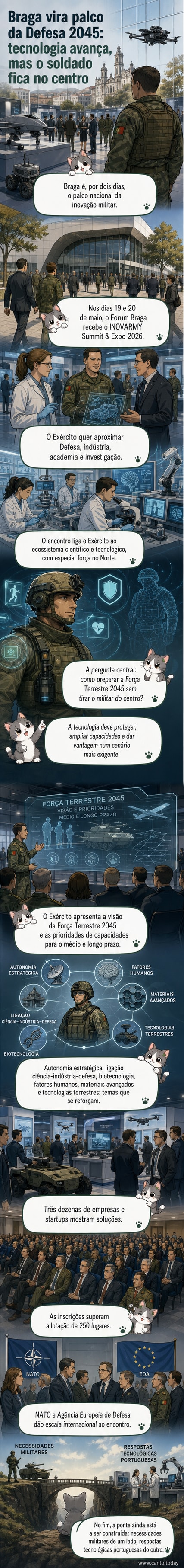 Ilustração de um soldado com exoesqueleto e tecnologia biométrica, ao fundo um centro de convenções em Braga com bandeiras da NATO e da União Europeia.