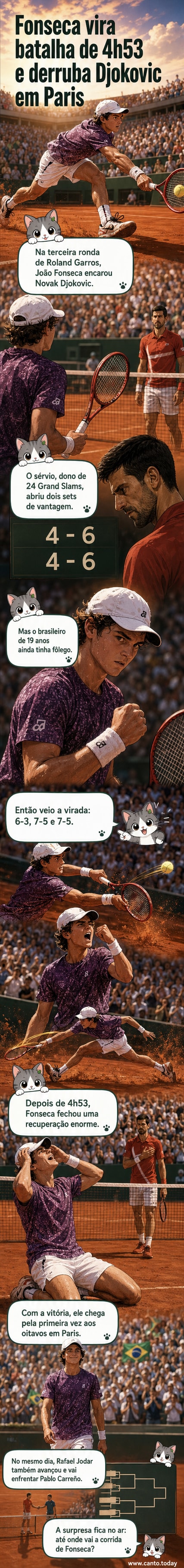 Jovem tenista brasileiro João Fonseca comemora vitória sobre Novak Djokovic em Roland Garros, com público em silêncio e Djokovic de cabeça baixa ao fundo.