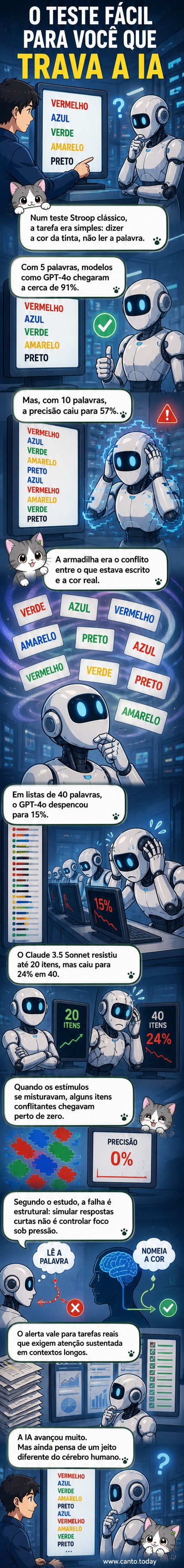 Ilustração de um cérebro humano ao lado de um robô, com palavras coloridas sobrepostas, representando o teste de Stroop que compara desempenho humano e de IA.