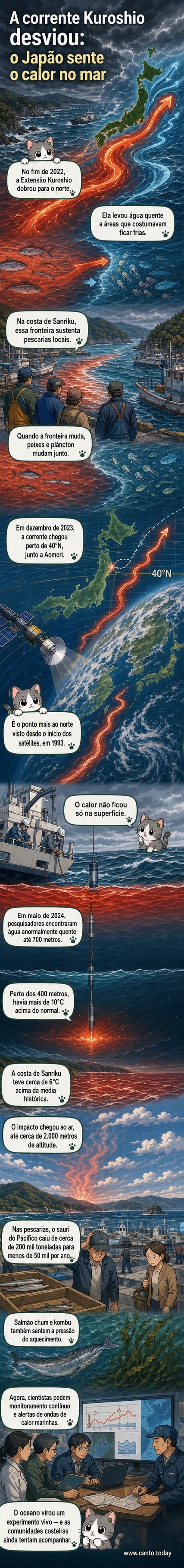 Ilustração de uma corrente oceânica quente desviando para o norte ao longo da costa do Japão, com peixes e algas sendo afetados, e termômetros mostrando aumento de temperatura na água e no ar.