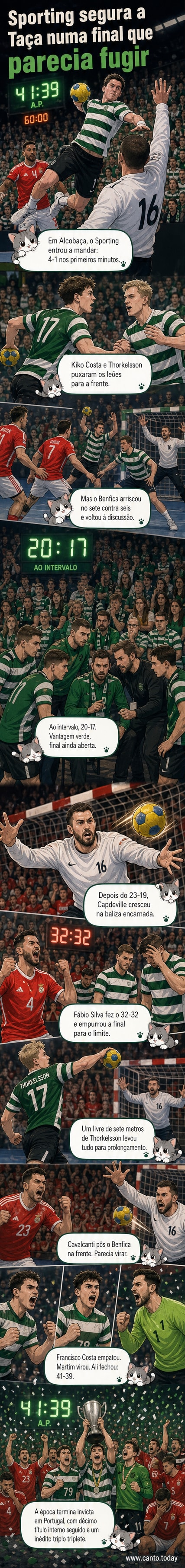 Jogadores do Sporting celebram a vitória na final da Taça de Portugal de andebol contra o Benfica, com o placar marcando 41-39 após prolongamento.