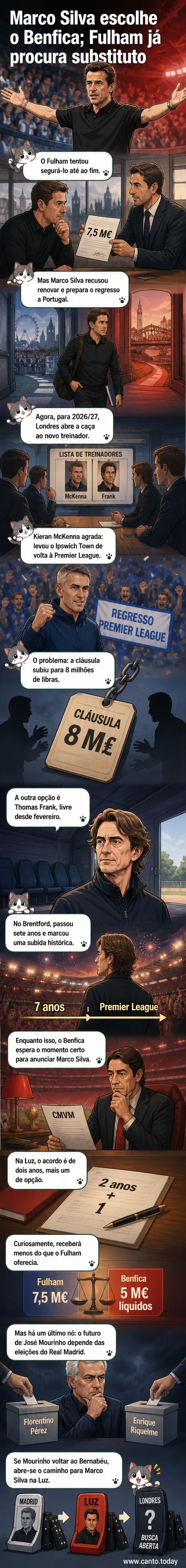 Ilustração de um treinador a caminhar entre dois bancos de jogo, um com a camisa do Fulham e outro com a do Benfica, simbolizando a transição de Marco Silva.