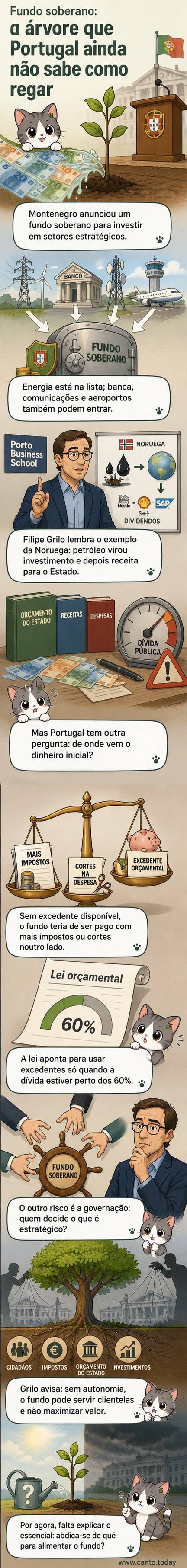 Ilustração de uma árvore simbolizando um fundo soberano, com raízes em receitas públicas e galhos em investimentos globais, ao fundo um mapa da Noruega e de Portugal.