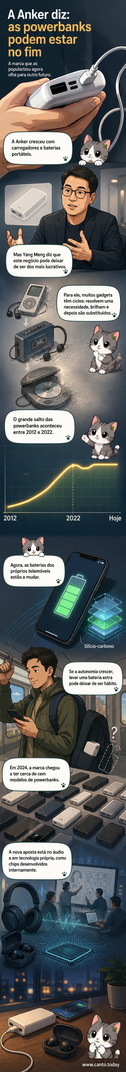 Ilustração de um smartphone moderno ao lado de uma powerbank empoeirada e desatualizada, simbolizando a transição tecnológica.