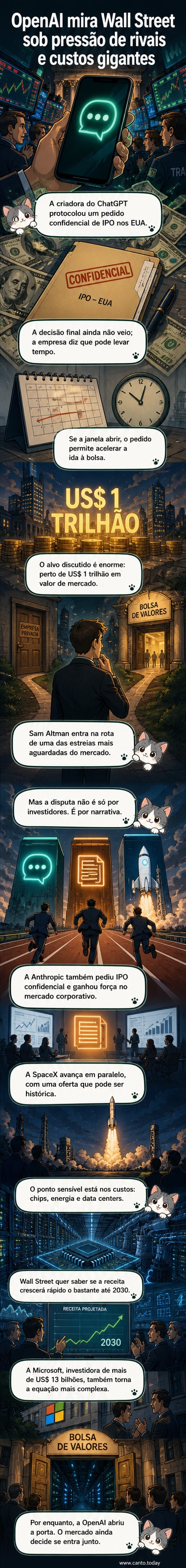 Ilustração de um corredor com três portas: OpenAI, Anthropic e SpaceX, cada uma marcada com um valor em dólares, simbolizando a corrida para o IPO.