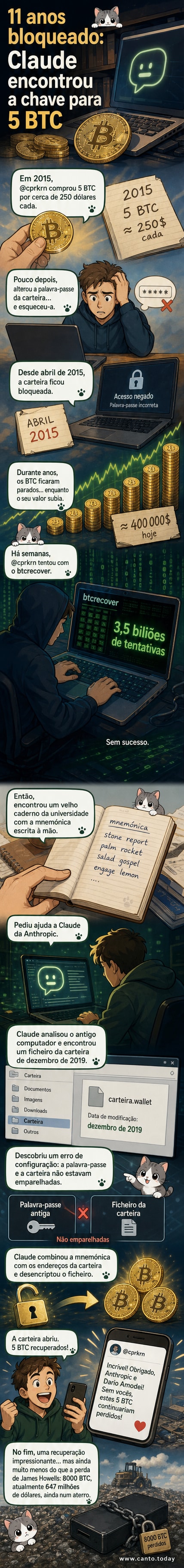 Ilustração de um cofre digital com moedas de Bitcoin saindo dele, enquanto um robô de IA segura uma chave e um caderno antigo com anotações