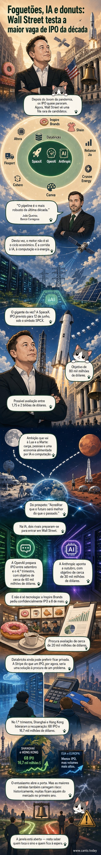 Ilustração futurista mostrando foguetes, circuitos de IA e donuts flutuando sobre o horizonte de Nova Iorque, simbolizando a diversidade das empresas prestes a entrar em bolsa.