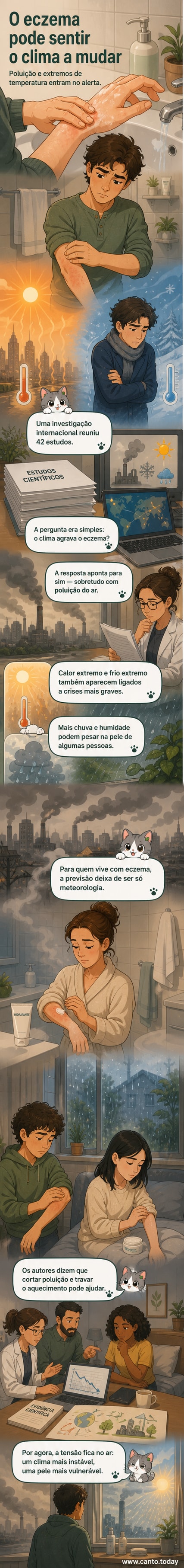 Ilustração de uma pessoa com irritação na pele ao lado de um gráfico de temperatura em ascensão e um céu poluído, simbolizando a ligação entre mudanças climáticas e eczema.