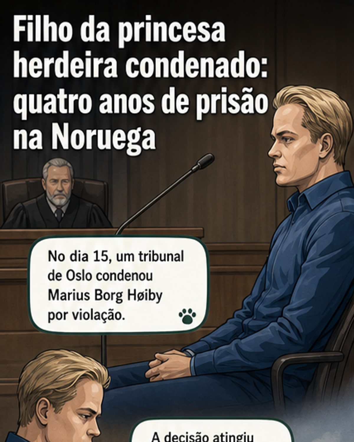 Ilustração estilizada de um tribunal com a silhueta de um homem diante do juiz, ao fundo, símbolos discretos da realeza norueguesa.